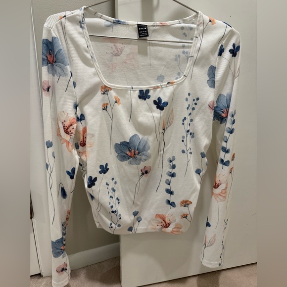 SHEIN Tops - SHEIN Floral Long Sleeve Top - Blue and Pink on White